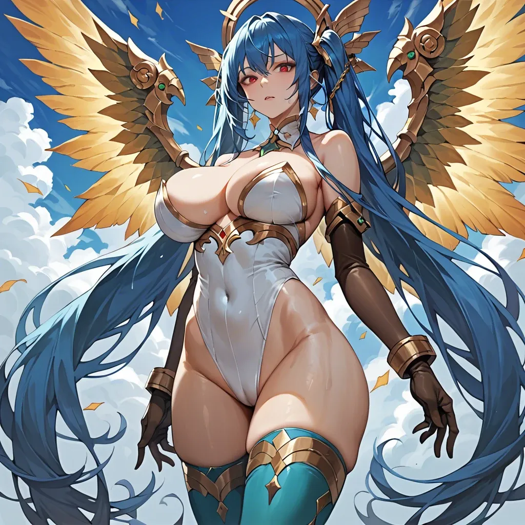 1 girl with a  pretty face,huge breast,Slim waist,  huge butt, red eyes, long twintail sky blue hair, sky blue bangs, asymetrical white thigh highs, white and gold leotard, brown long gloves, green celestial wings, golden high heels, (reverse cowgirl position), (front view), (fucked by a man), (creampie), with a frisky smile on her face