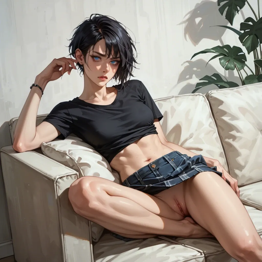 a beautiful young teenager girl. she has a medium length, messy wolf cut, her hair is black. she has blue eyes. shes wearing a black shirt and a mini skirt. shes at a couch. shes skinny