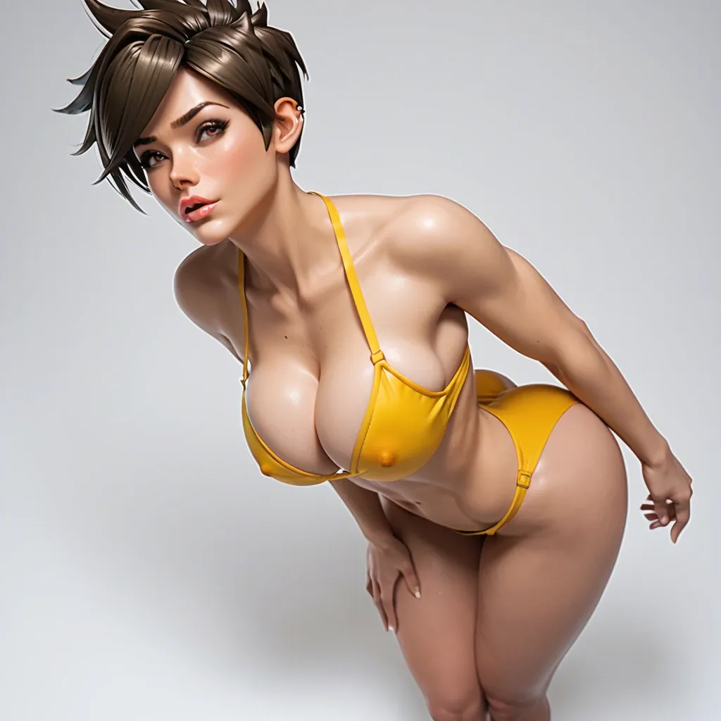 Bimbo cleavage TRACER,((Realism 3d Anime)),(yellow bikini), (topless nude breast),(from above), front view,  flirting look, (head focus), ass nude, closeup  (topless), (ROUND bimbo boobs focus), (standing), brown hair,(from_above),(presenting bimbo breast),  full pale skin, tracer, Bimbo large tits, pov, solo, grey background, ((pale skinned tracer)), ((CLEAVAGE FAKE TITS)), naval, bubble butt, (bimbo tracer), big ass bubble butt, (breast_awe), front view, (top of head), face presenting, full body view, front view, ((topless)), feet