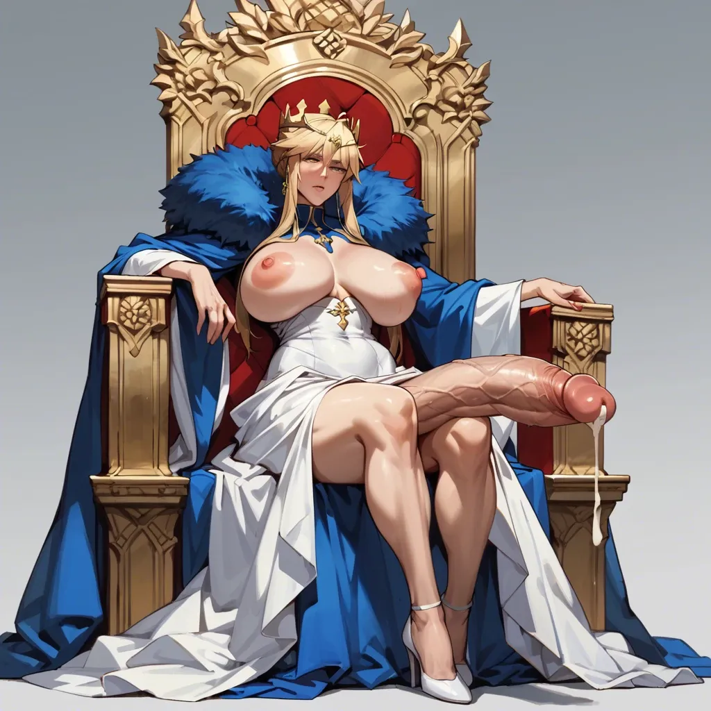 Artoria Pendragon, massive tits, enormous cock, futanari, limp cock, exposed breasts, sitting on throne, long dress