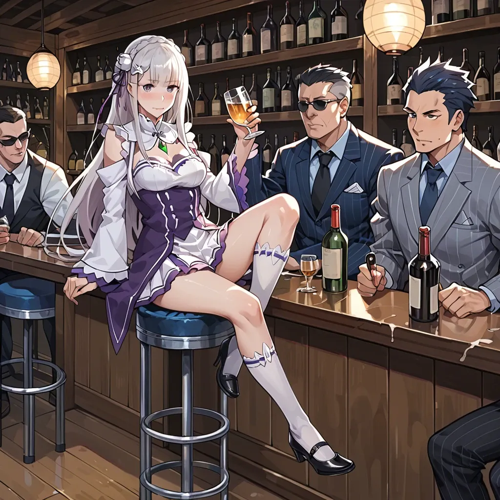 Emilia, anime re:zero,  night club, many people, sits at the bar with alcohol