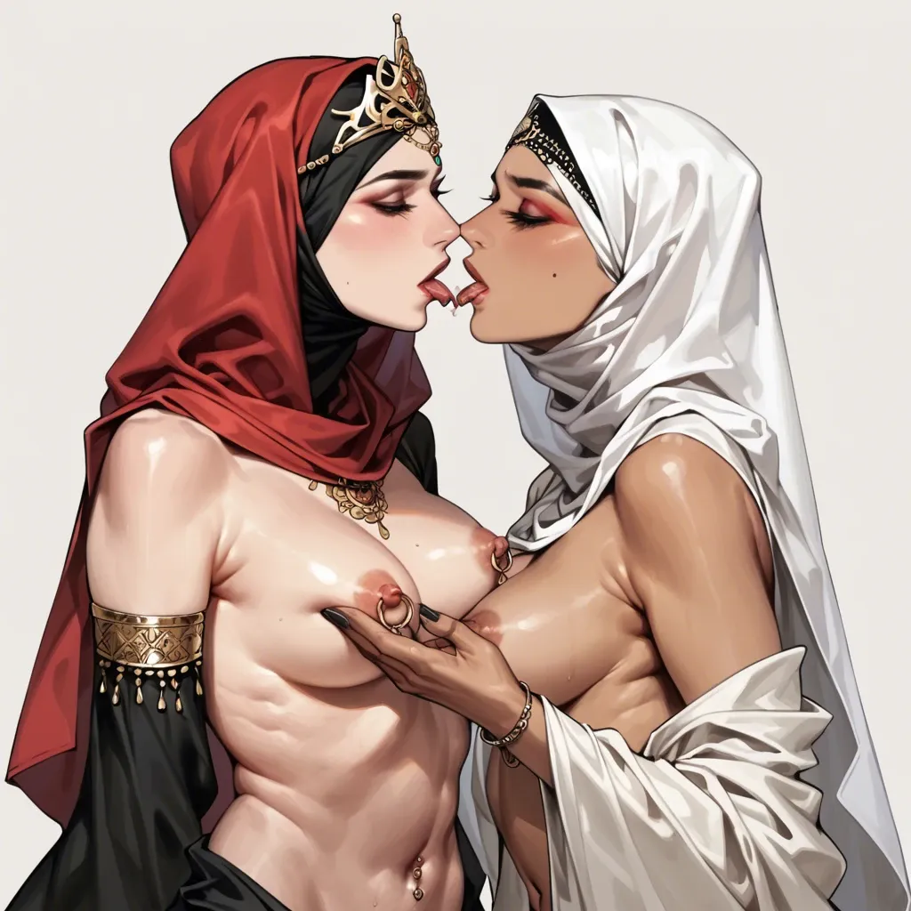 Japanese empress and her wife, two girls, topless, nipple rings, gentle look, hand in hand, kiss, dresses, navel piercing, crown and tiara, hijab