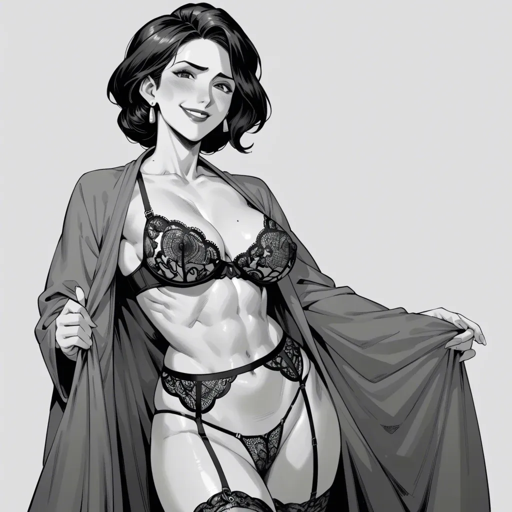 big hero, aunt cass, manga style, black and white, evil smile,  terry robe  ,highleg  thong , cupless bra, garter belt