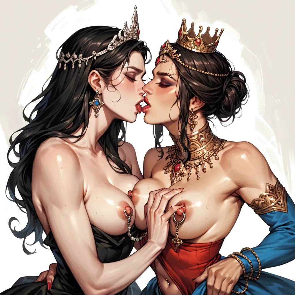 European queen and her wife, two girls, topless, nipple rings, gentle look, hand in hand, kiss, dresses, navel piercing, crown and tiara