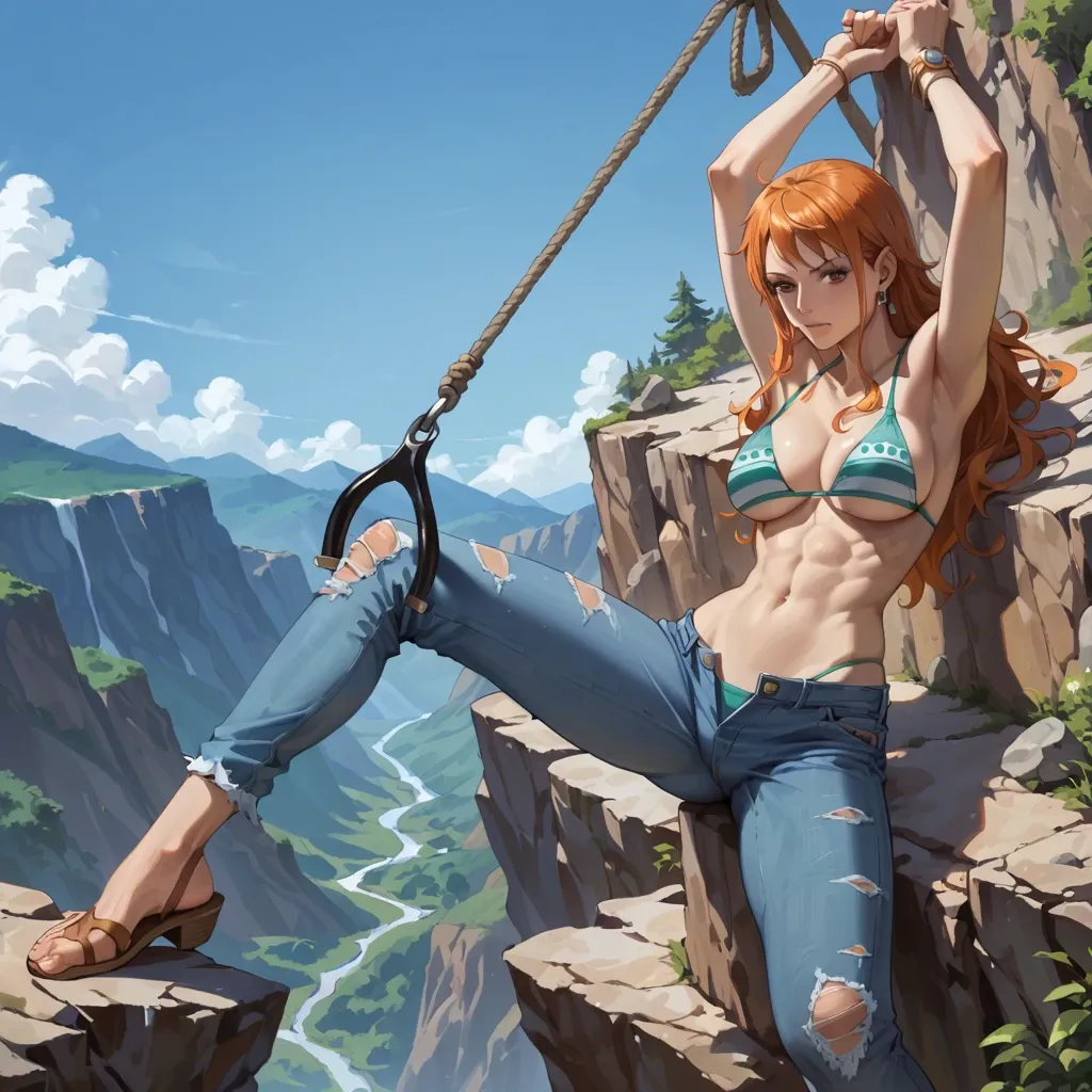 nami one piece, normal bikini, jeans pants,  climbing mountain, climbing hook