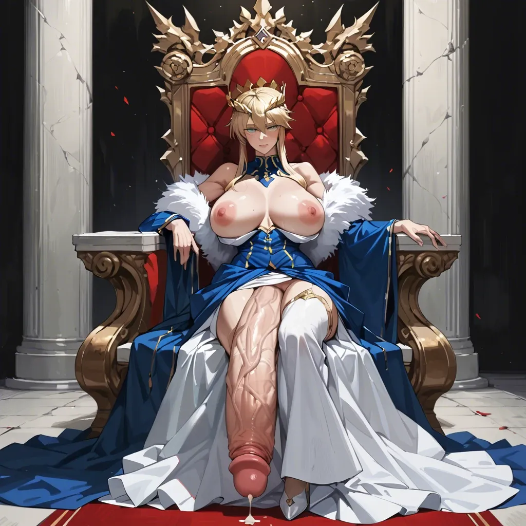 Artoria Pendragon, massive tits, big cock, futanari, limp cock, exposed breasts, sitting on throne, long dress