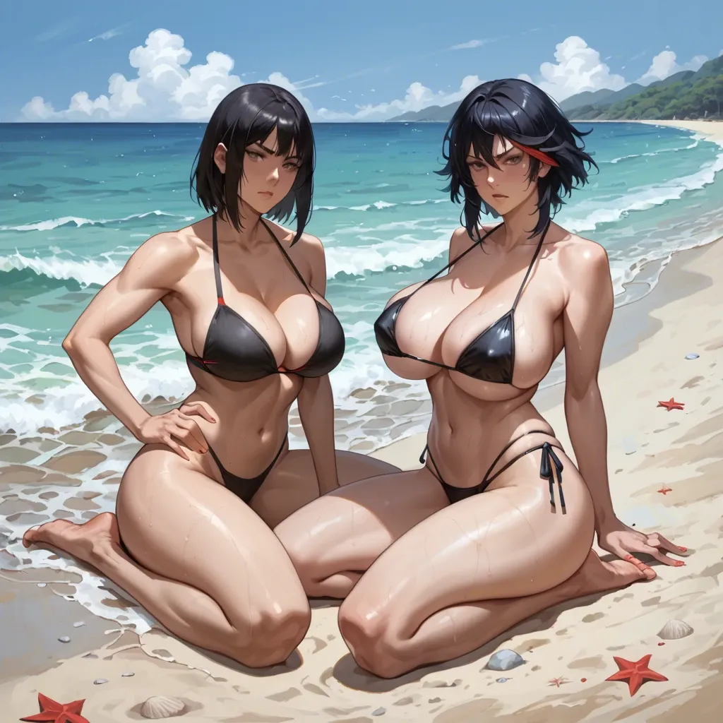 high quality, 2 woman, milfs, ryuko matoi, satsuki kiryuin, huge breasts, blacked bikini, full body, on beach, horny