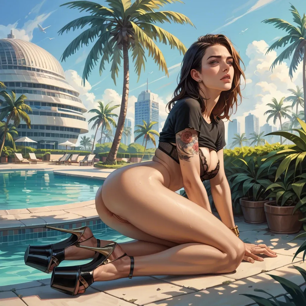 1girl,1boy, , , , thin nose,palm tree,perky breast,hips,shoulder tattoo, black shirt,black lace bra,gold bracelets,open torn bra,platform heels, royal bedroom, park, spaceship, hyperrealistic, bright colors, tifa lockhart, heart dynamics