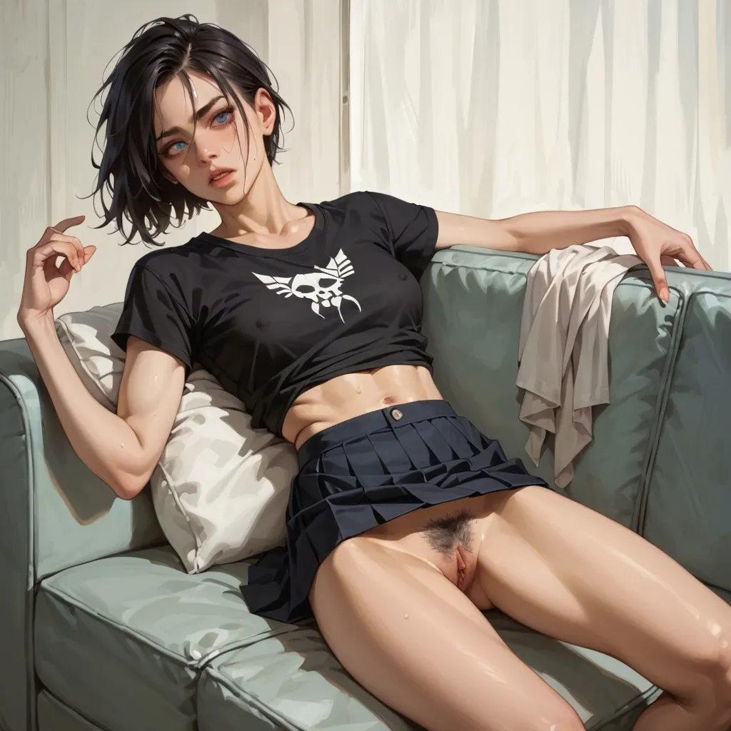 a beautiful young teenager girl. she has a medium length, messy wolf cut, her hair is black. she has blue eyes. shes wearing a black shirt and a black mini skirt. shes at a couch. shes skinny. she has an extremely hairy pussy