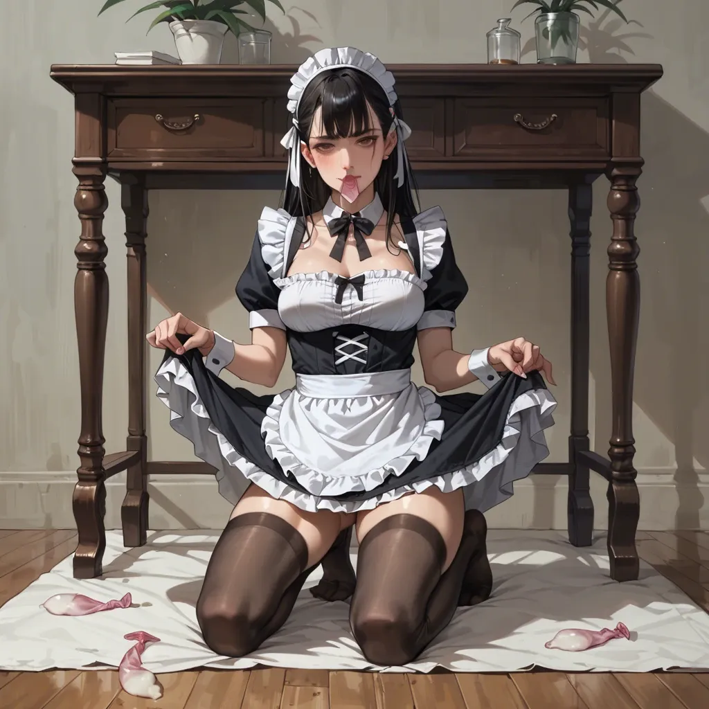 young maid girl, maid costume, miniskirt, no shoes, black stockings on her feet,one used condom in her mouth, kneeling