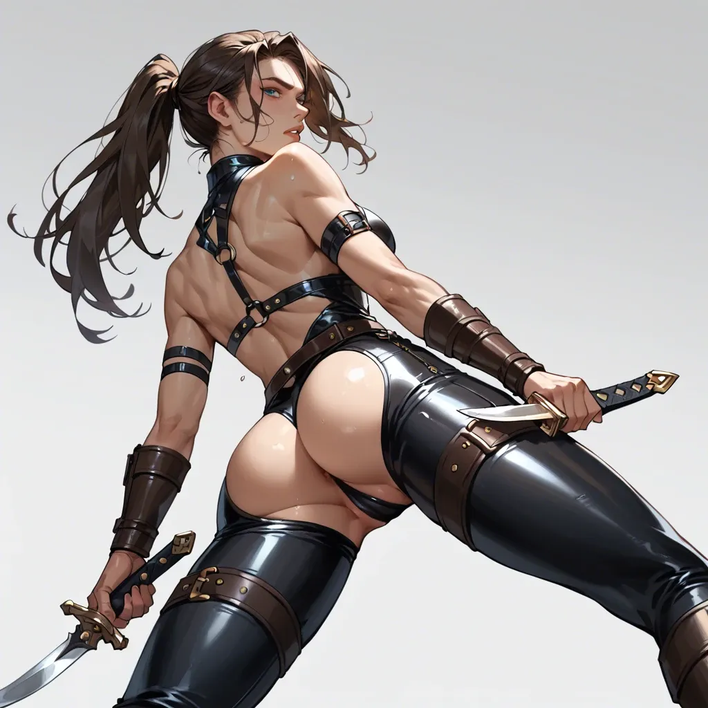 1girl, solo, dark chocolate brown hair, ponytail, blue eyes, a meager amount of leather armor, black leather leggings, lots of bare skin, bare back, sexy fit ass, dagger