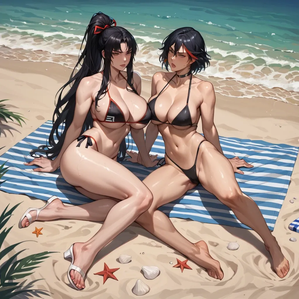 high quality, 2 woman, milfs, ryuko matoi, satsuki kiryuin, huge breasts, blacked bikini, full body, on beach, horny