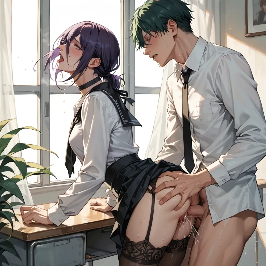 Reze (Chainsaw man), 1 boy, 1 girl, length purple hair and emerald-green hair, choker, black stockings, having sex, garter belt, lace, skirt, school uniform, squirting , juice from pussy, hentai, in the school, moaning, bottom view, doggy style, orgasm, wet pussy, panties aside, arched back, toplessness, half-closed eyes,heavy breathing, hearts in eyes, trembles, clouds steam from the mouth, high resolution, kneeling, tongue, blushes, 4k, biting ear, medium chest, creampei