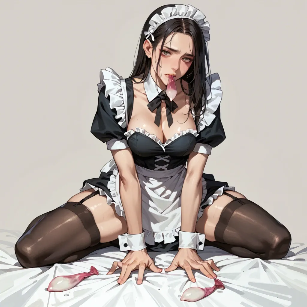 young maid girl, maid costume, miniskirt, no shoes, black stockings on her feet,one used condom in her mouth, kneeling