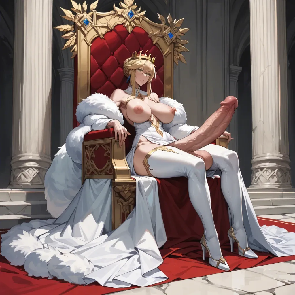 Artoria Pendragon, massive tits, big cock, futanari, limp cock, exposed breasts, sitting on throne, long dress