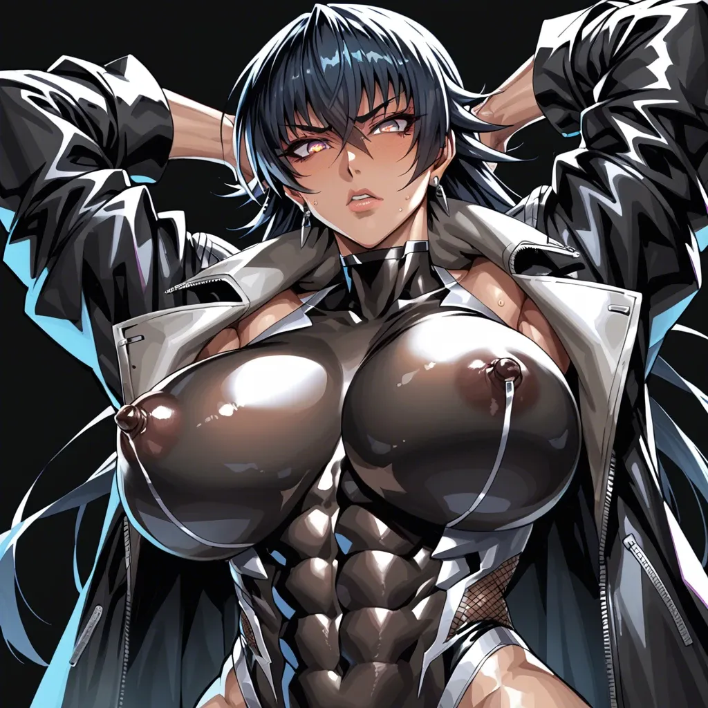 1 girl, Asagi Igawa (taimanin asagi), massive breast, piercing, jacket, seductive face, brilliant eyes, tight clothes, upper body, detailed face, black background, do not show hands, massive ass, abs, High definition