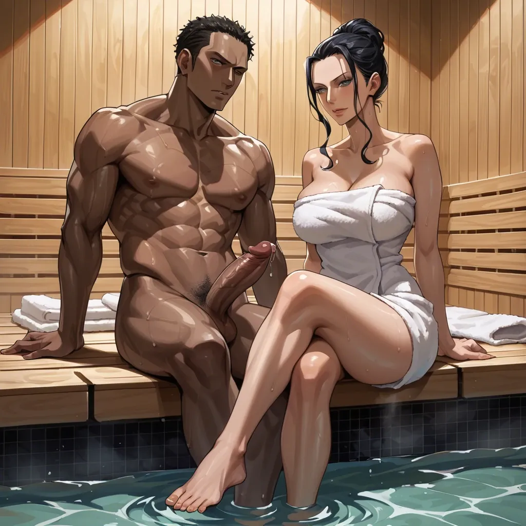 sole male, sole female, sauna, towel, crossed legs, pulled back hairstyle, nico robin, dark skin male, bbc, precum