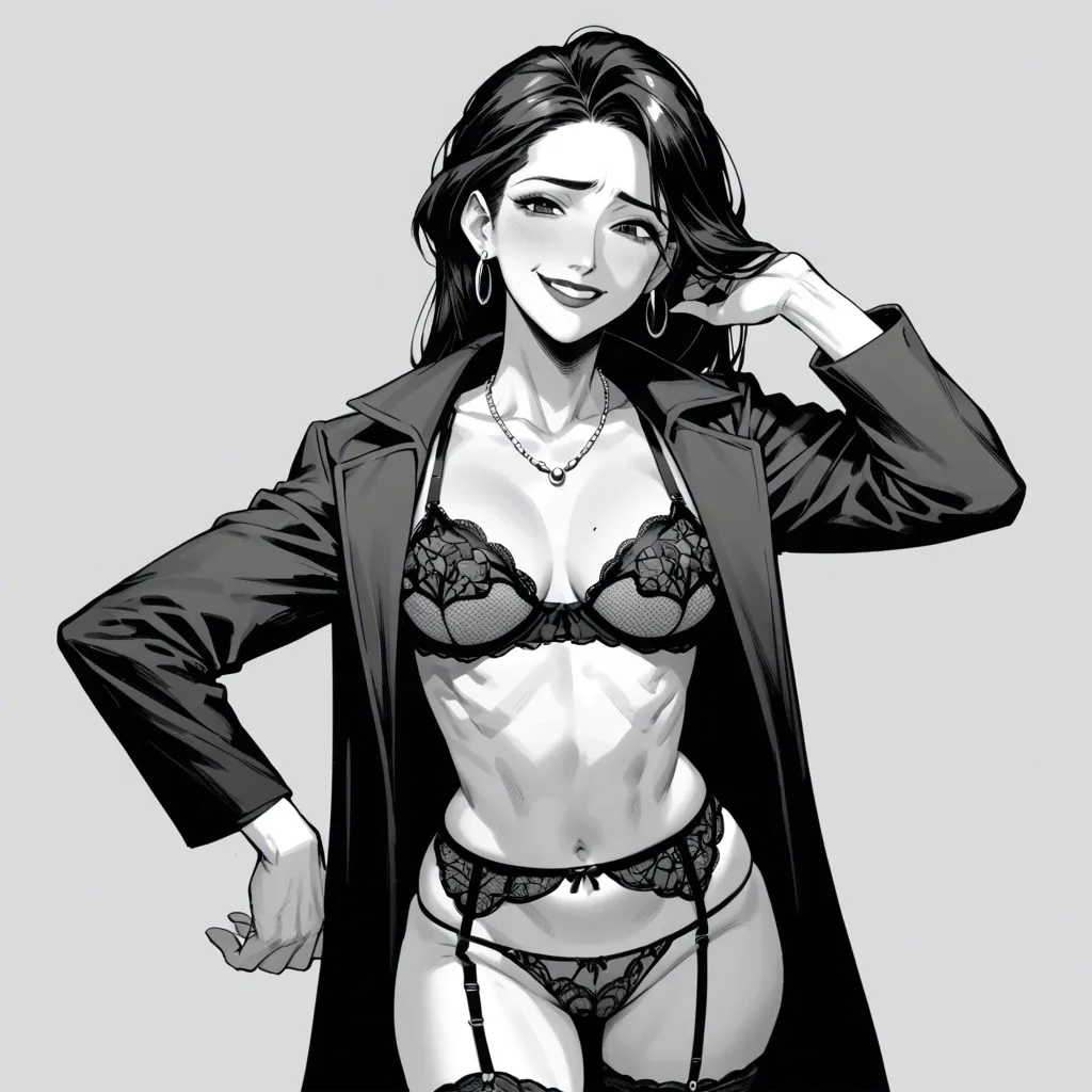 big hero, aunt cass, manga style, black and white, evil smile, open coat , thong , cupless bra, garter belt