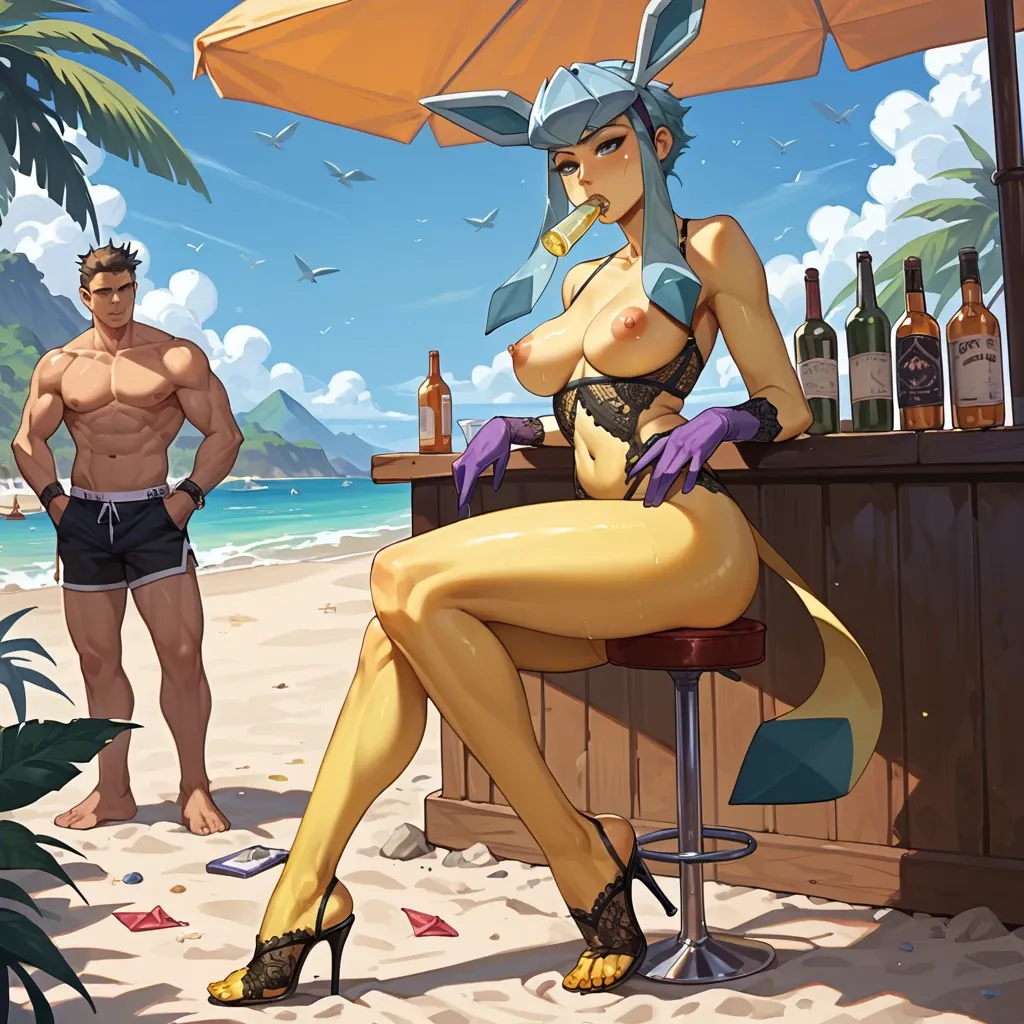 1girl,1boy, , , , bottle in mouth,hooves feet,big perky boobs,bar background,yellow skin, costume,glaceon,purple gloves,lace lingerie,high heels, strip club, on beach, dungeon, breast bondage, anime, dark-skinned, princess zelda, rapunzel waifu