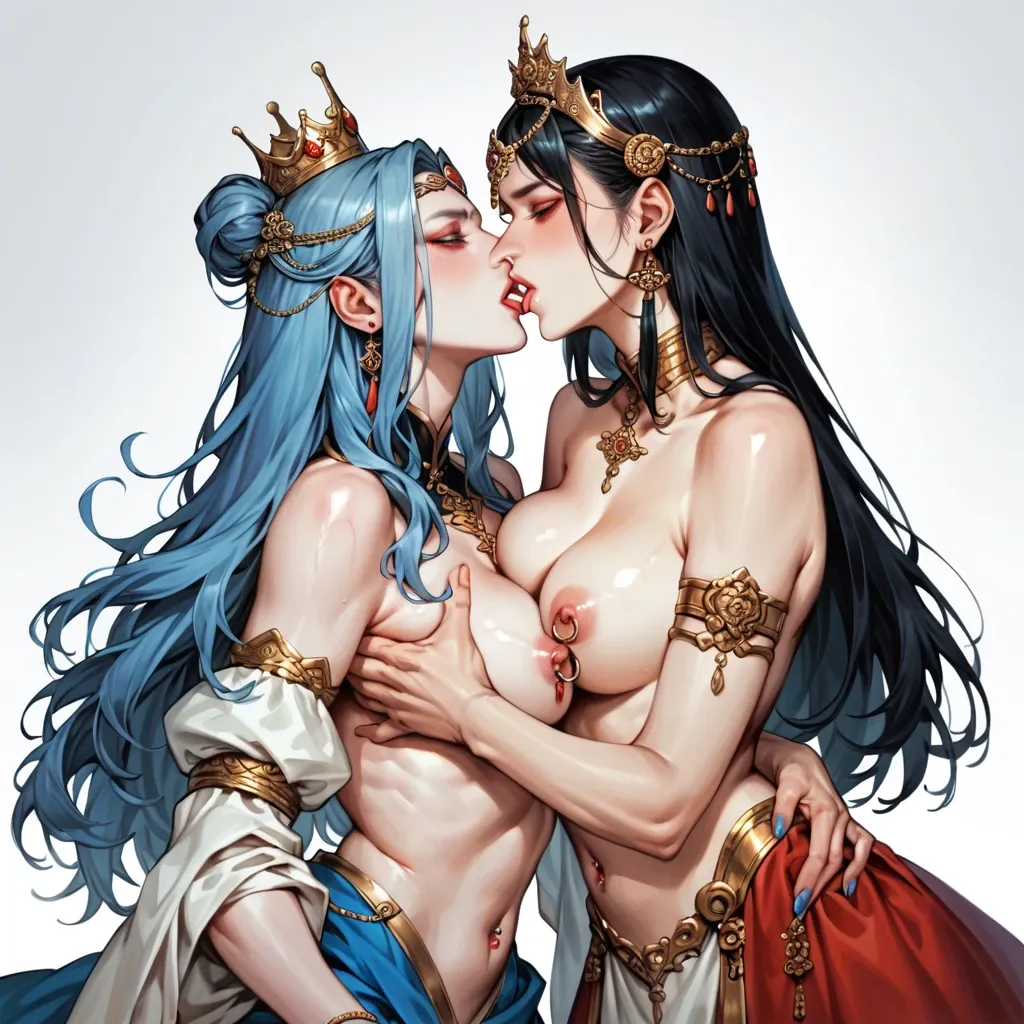 Chinese queen and her wife, two girls, topless, nipple rings, gentle look, hand in hand, kiss, dresses, navel piercing, crown and tiara