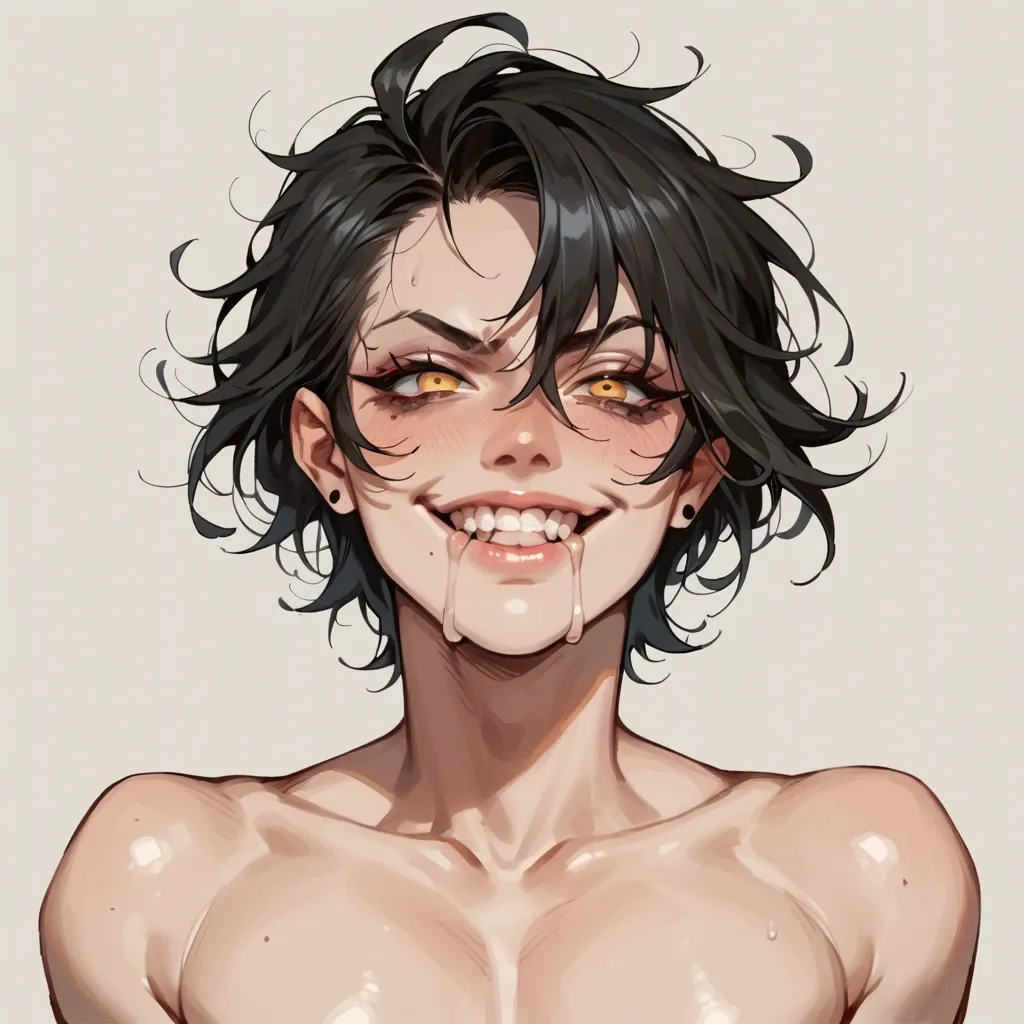 Femboy, pale-skinned femboy, black hair, yellow eyes, smile, smirk, drooling, testicles