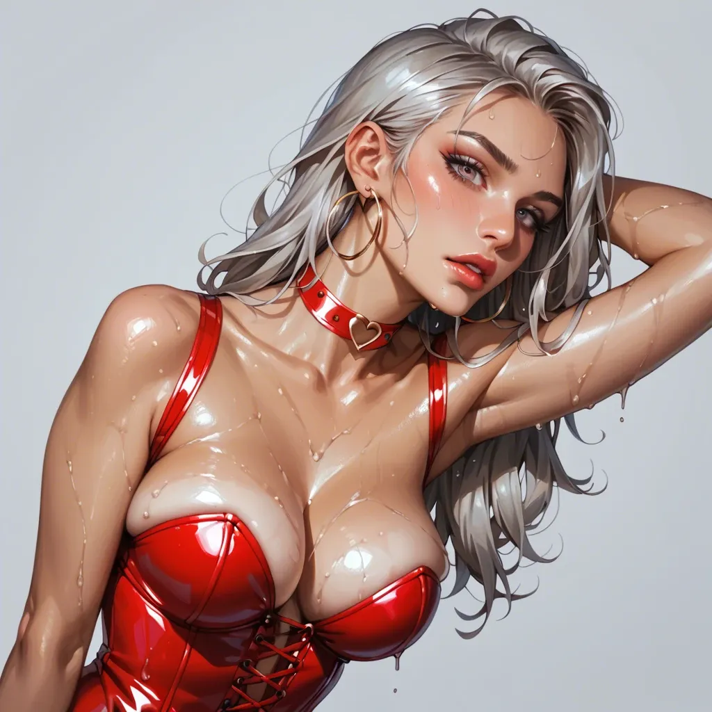 red latex corset , underboob corset , perfect body , tanned skin , beautiful shiny hair , wet skin , extremely realistic , super beautiful face , seductive look , highly detailed , beautiful face , big silver heart choker , big hoop earrings , perky boobs , perfect anatomic body , waist , big ass , perfect ass shape , toned stomach , sexy body , sweaty skin , blushing , firm round breasts , detailed nipples , jeweled navel piercing , dangle navel piercing with a dangling jewellery , arched back , pronebone , ( rose thigh tattoo : 1.2 ) , errect cock