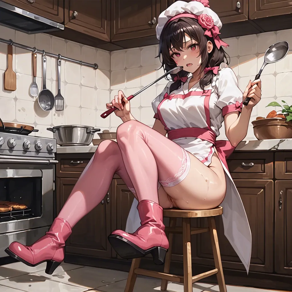 @yunyun, wearing a chef's hat, holding a ladle in her hands, cooking, pink stockings, high boots. Antique kitchen.