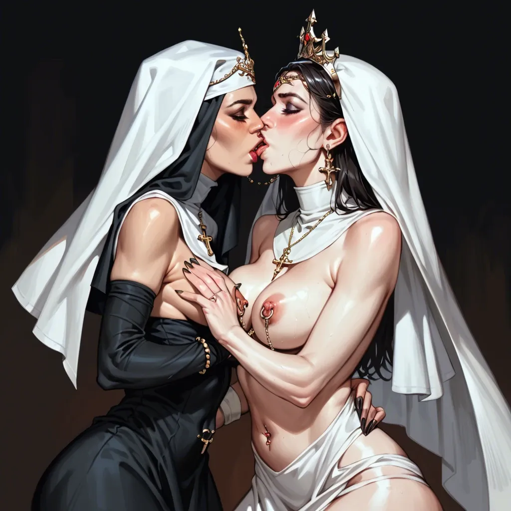 Nun queen and her wife, two girls, topless, nipple rings, gentle look, hand in hand, kiss, dresses, navel piercing, crown and tiara