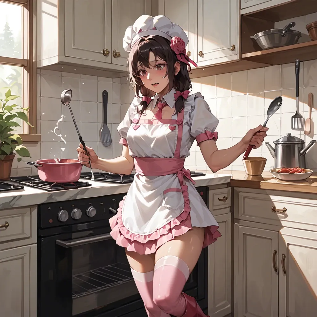 @yunyun, wearing a chef's hat, holding a ladle in her hands, cooking, pink stockings, high boots. Antique kitchen.