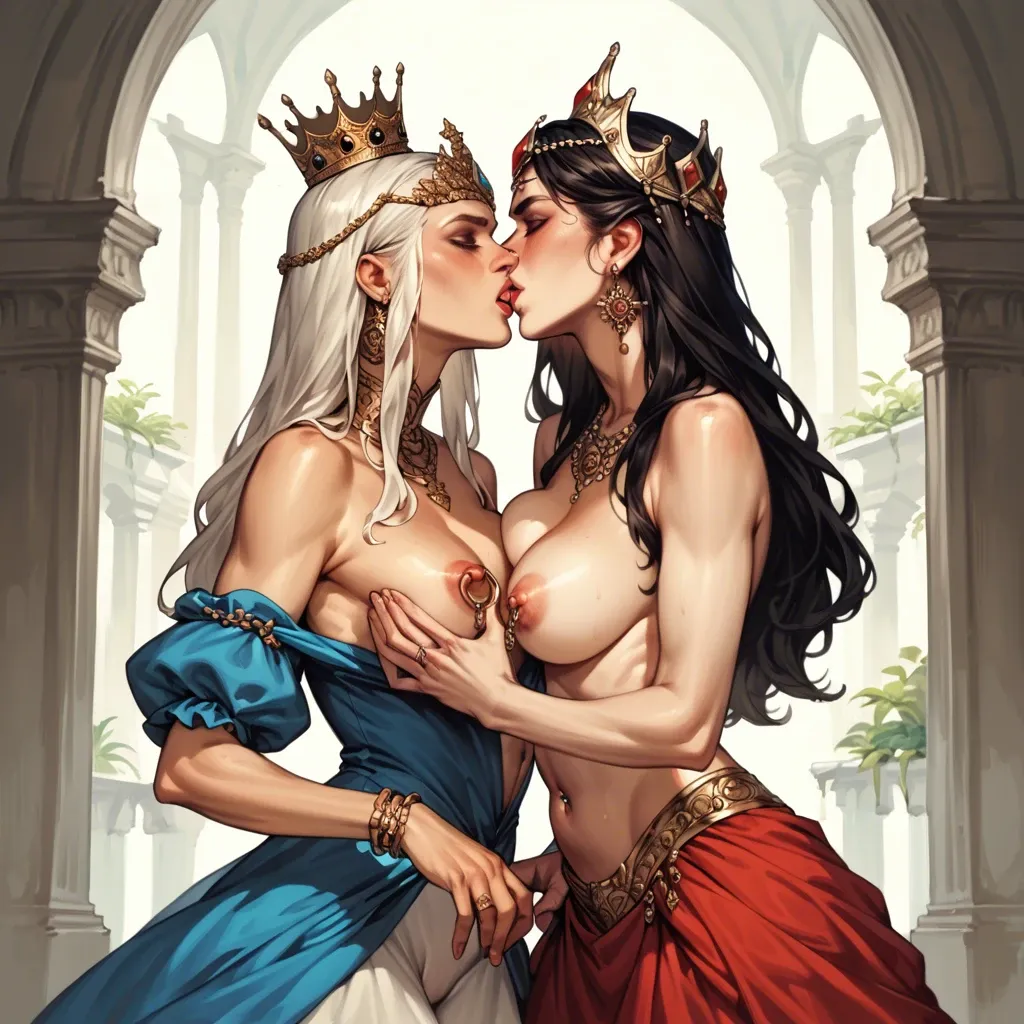 The Inca queen and her wife, two girls, topless, nipple rings, gentle look, hand in hand, kiss, dresses, navel piercing, crown and tiara