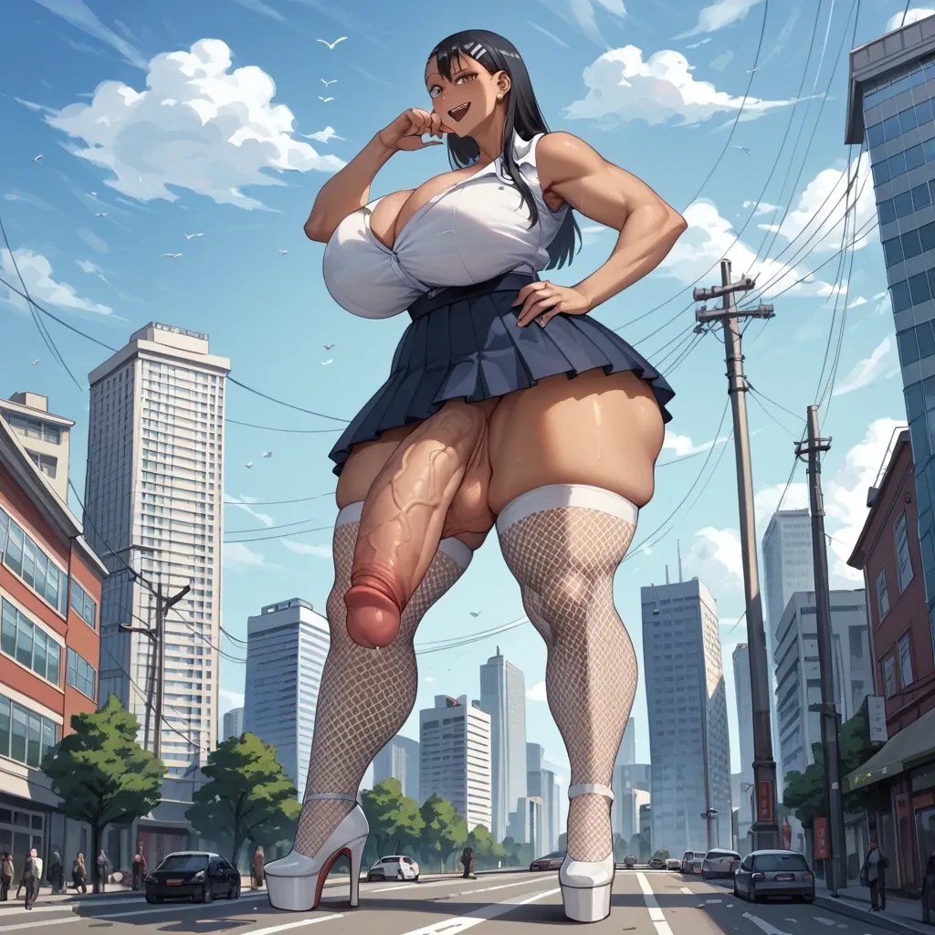 giantess Nagatoro, Giantess, platform high white heels, stockings, gigantic breats,futanari, breast expansion, thick thighs, high white socks, big penis, , city, costume fishnet, insertion tower