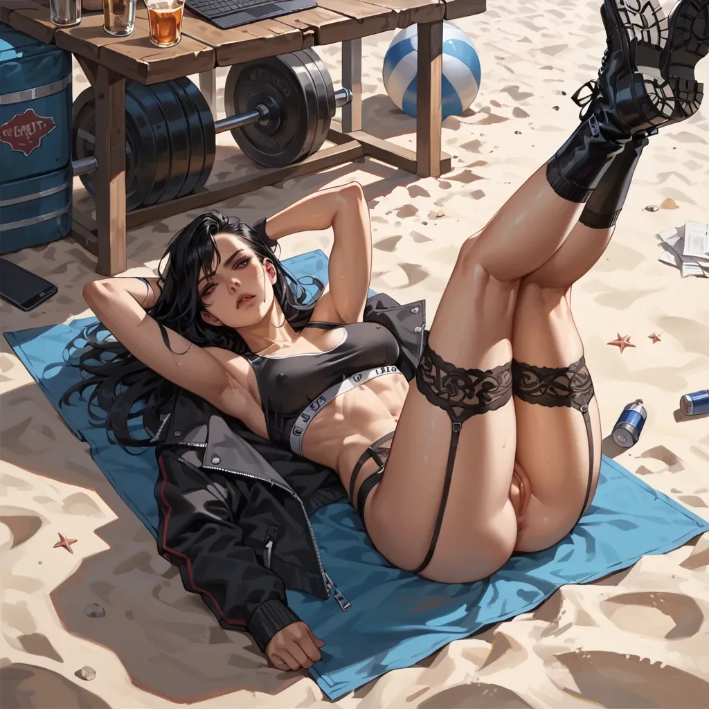 2girl, , , , eye catching,legs up,perky breasts,petite breasts,off shoulder, black jacket,socks,garter belt,sports bra,gothic boots, in a gym, lying on beach, tavern, computers, western cartoon, dark skin, lara croft, belle, dynamic