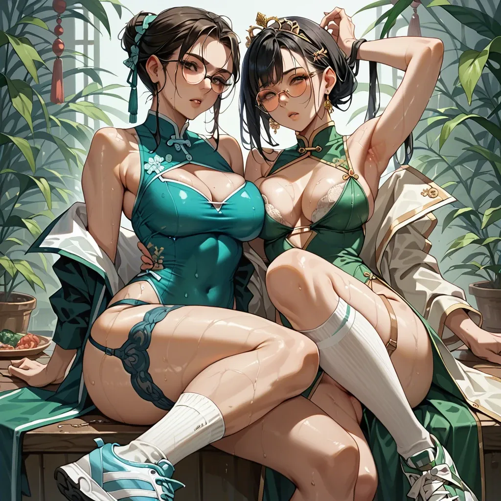 2girl, , , , bubble in nose,shaved armpits,round breasts,big hips,off shoulder, china dress,garter belt,circle glasses,tight swimsuit,sneakers, dark green gown,knee socks,golden tiara,pull wet bra,stiletto heels, embarrassed, on beach, throne room, detailed lips, bright, samus, spider-gwen, ariel waifu