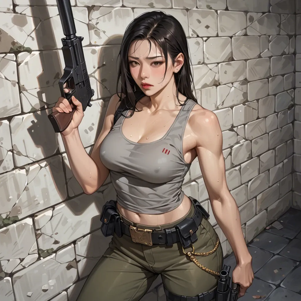 asian girl, military pants with belt,  grey tank-top, gun, dungeon, tomb