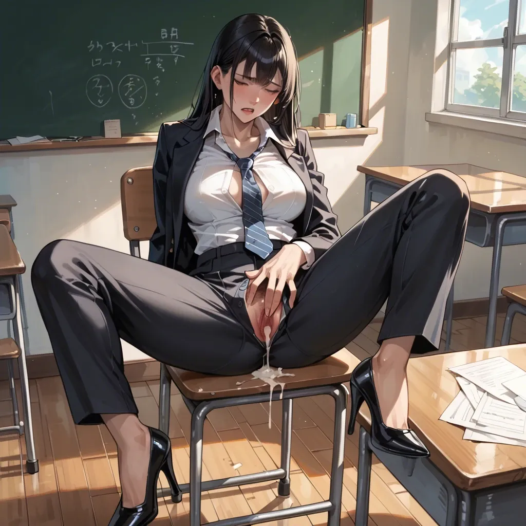 fat futanari, black long hair and bangs, dressed in black buttoned-up suit with tie, ironed long wide trousers, black high heels, sitting on a chair, spread legs, masturbating, cum dripping, cumshot, classroom