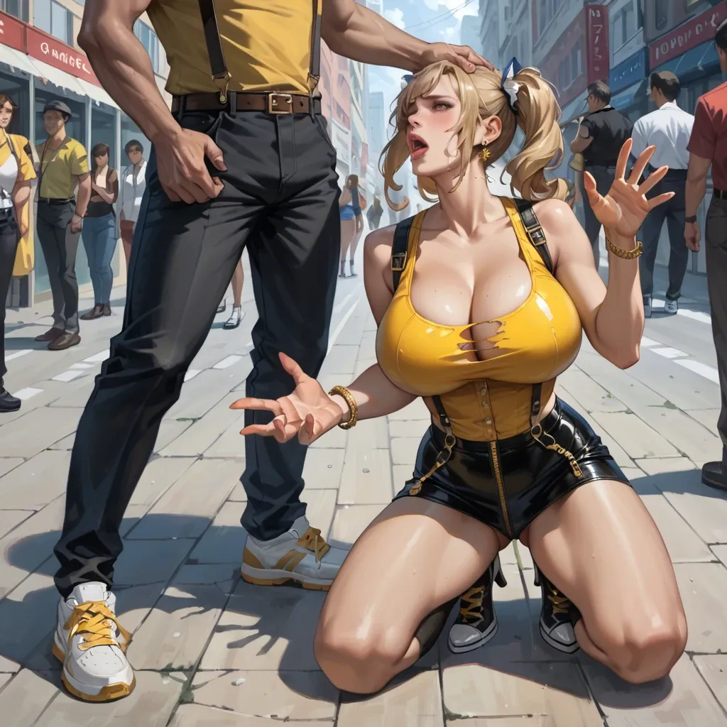 2girl, , , , nose,detailed hands,huge breasts,reaching back,throat, yellow tank top,socks,suspenders,latex corset,sneakers, shirt torn off,gold anklets,gold earrings,black bikini,high heels, barbara, crowded street, spaceship, unforgettable, anime a, bright colors, nezuko kamado, makima,