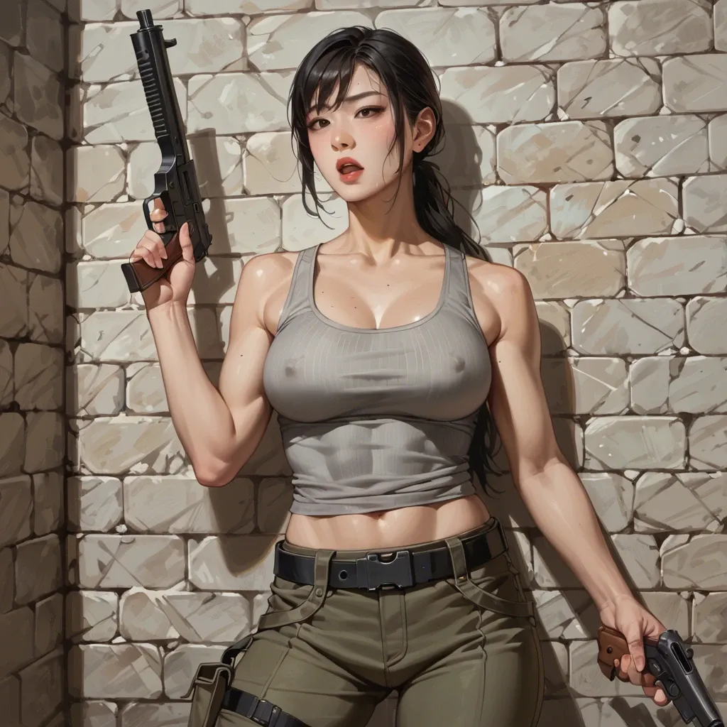 asian girl, military pants with belt,  grey tank-top, gun, dungeon, tomb