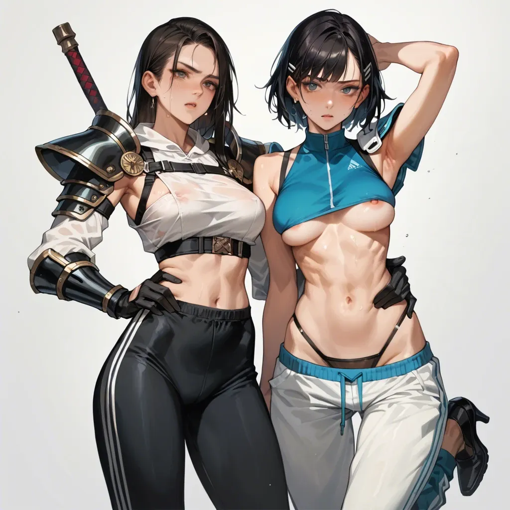 2girl, , , , focus on eyes,thigh boots,medium breasts,arching back,shoulders, molesting,arm raised,large boob slip,waist grab,shoulder pads, sweatpants,socks,jewelry,black thong,high heels, living room, piledriver pose, cyberpunk, respectable, realistic, rainy night, spider-gwen