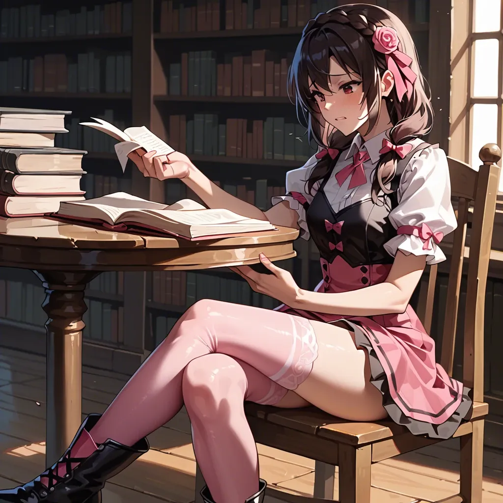 @yunyun, sitting at a table and reading a book, unhappy, pink stockings, high boots.  Library.