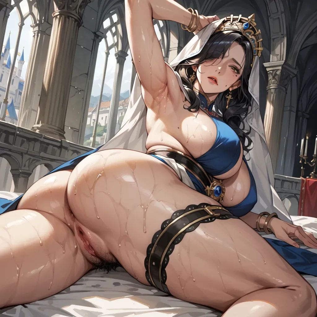 maiden Milf beauty mark hair covering eye large breasts sweaty perfect ass pubic hair armpit fetish armpit focus lying on stomach one knee raised side view from below castle interior thigh band