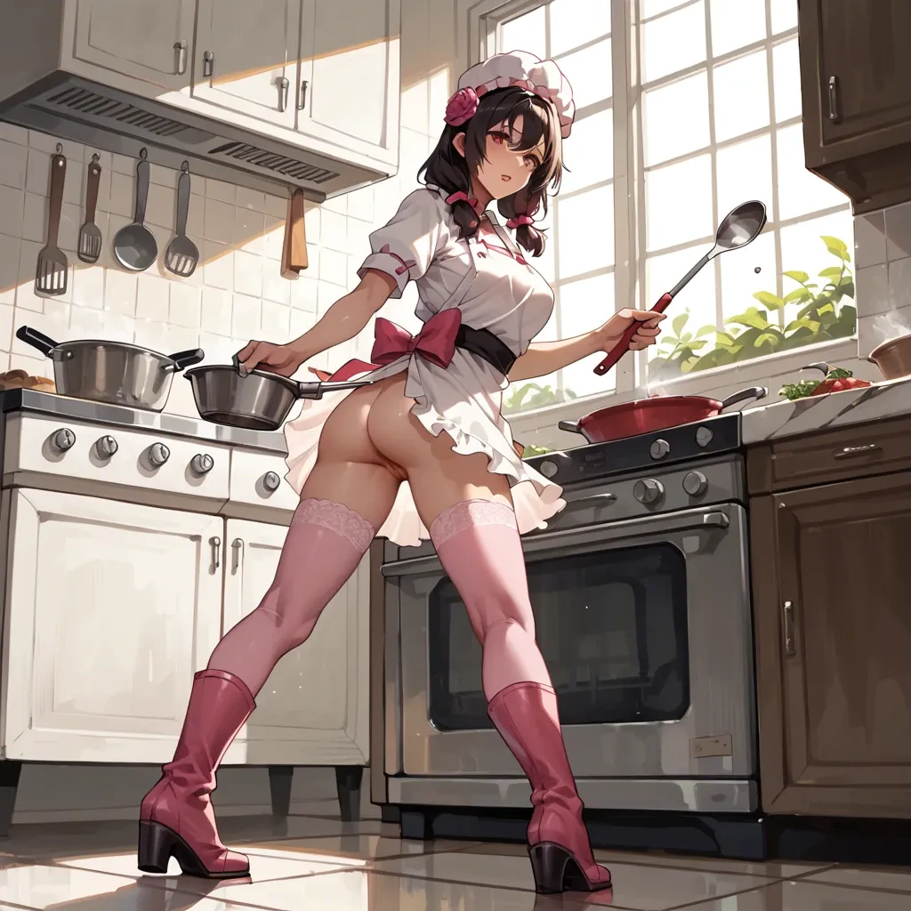 @yunyun, wearing a chef's hat, holding a ladle in her hands, cooking, pink stockings, high boots. Antique kitchen.