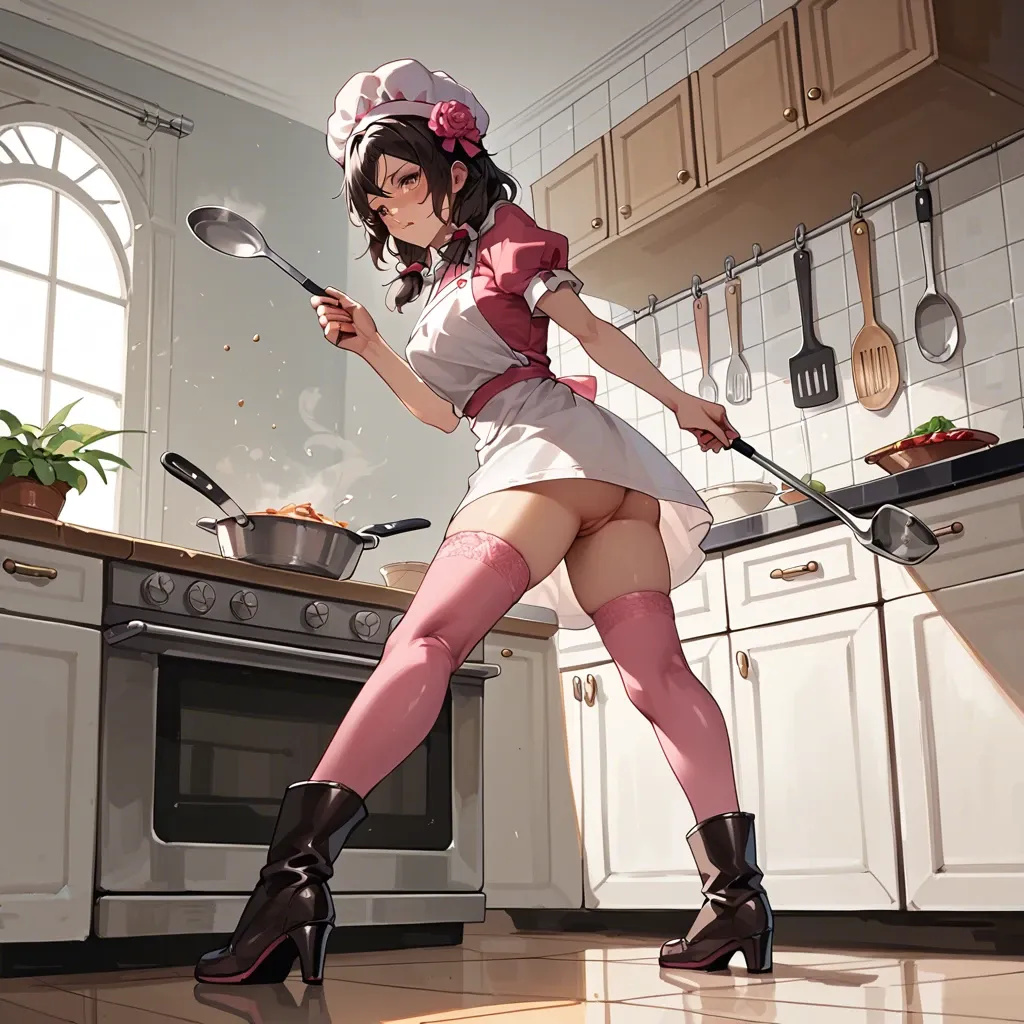 @yunyun, wearing a chef's hat, holding a ladle in her hands, cooking, pink stockings, high boots. Antique kitchen.