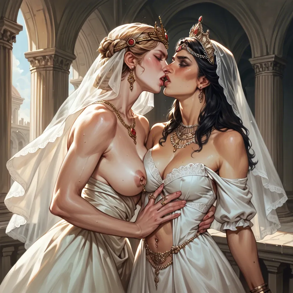 Roman queen and her wife, two girls, topless, nipple rings, gentle look, hand in hand, kiss, dresses, navel piercing, crown and tiara