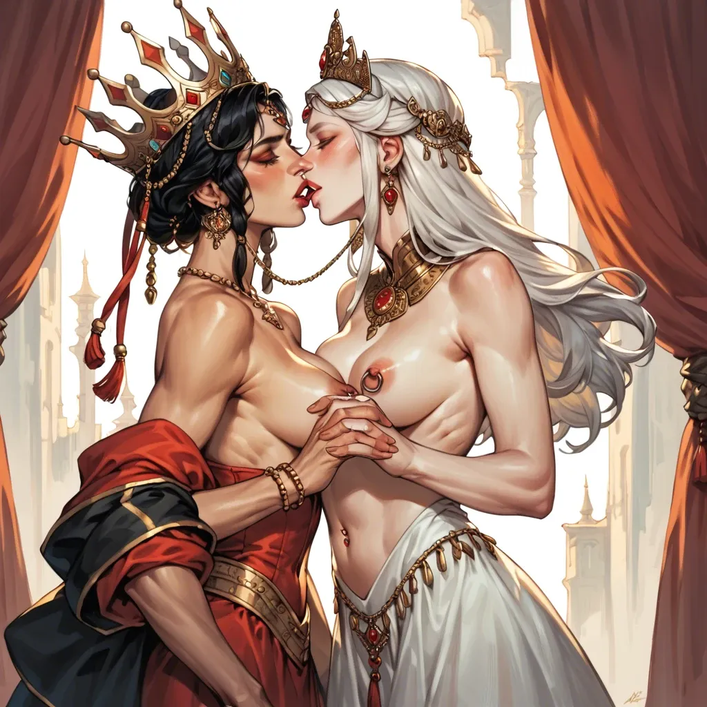 Mongolian queen and her wife, two girls, topless, nipple rings, gentle look, hand in hand, kiss, dresses, navel piercing, crown and tiara