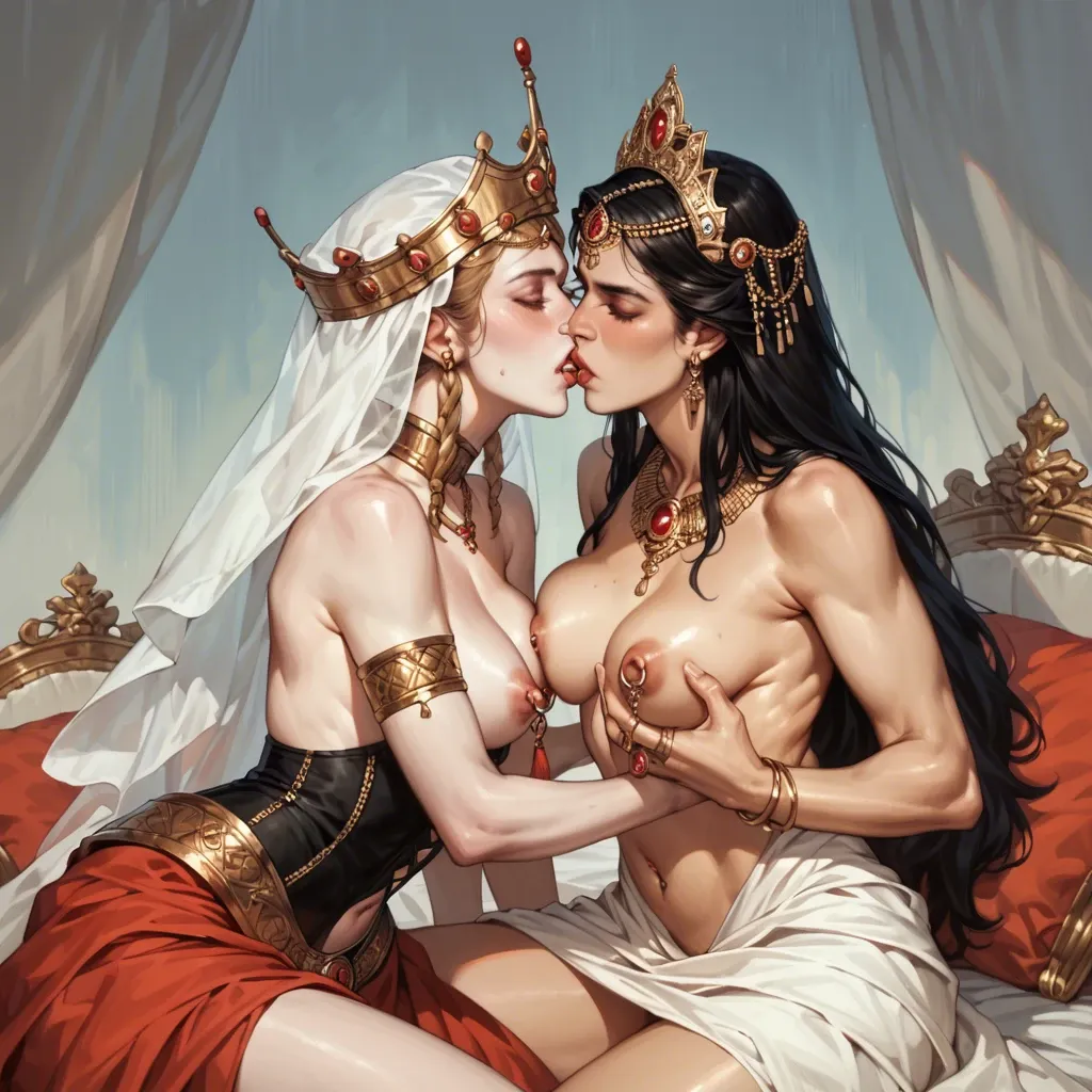 Mongolian queen and her wife, two girls, topless, nipple rings, gentle look, hand in hand, kiss, dresses, navel piercing, crown and tiara