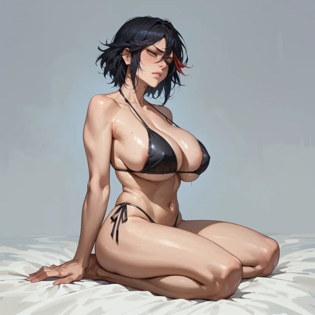 high quality, 1 woman, milf, huge breasts, ryuko matoi, blackened bikini, horny, tired face, full body, paizuri