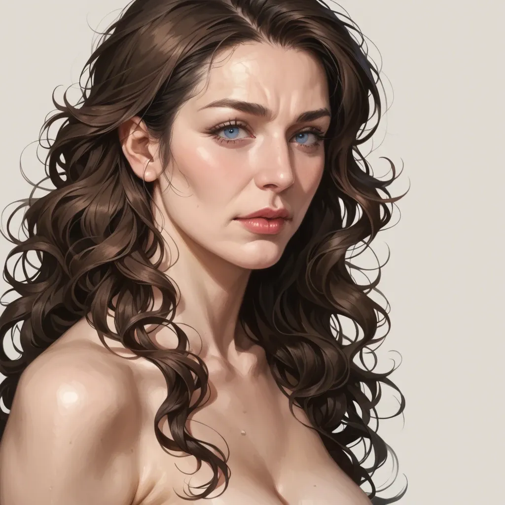 realistic realistic,full detailed,accurate, MILF, mature face, mature wide pudgy body, redish dark brown hair with side part, long wavy hair parted on the side, realistic blue eyes, soft belly, natural tits, medium breasts, hairy pussy, mouth slightly open, laying,legs up,close