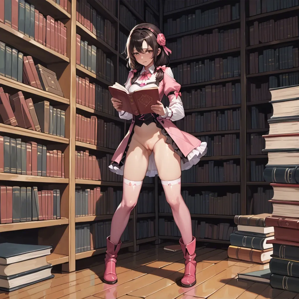 YunYun, standing and reading a book, unhappy, pink stockings, high boots.  Library.