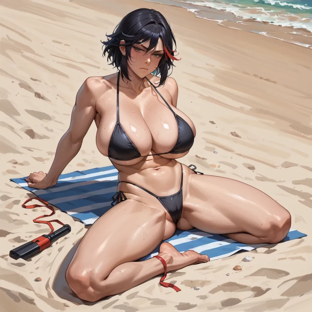 high quality, 1 woman, milf, huge breasts, ryuko matoi, blackened bikini, horny, tired face, full body, on beach