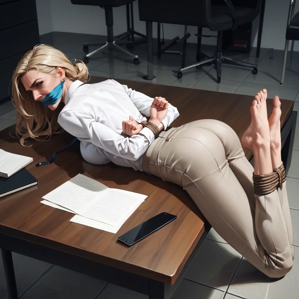 4K, 8K, 1girl, , , , mature, milf, blonde hair, business suit, trousers, barefoot, skinny, thin, , , , laying on stomach, on table, arms behind back, rope bondage, hogtied, wrap gag, wide eyed, scared, , , , soles focus, looking at viewer, ((face view))